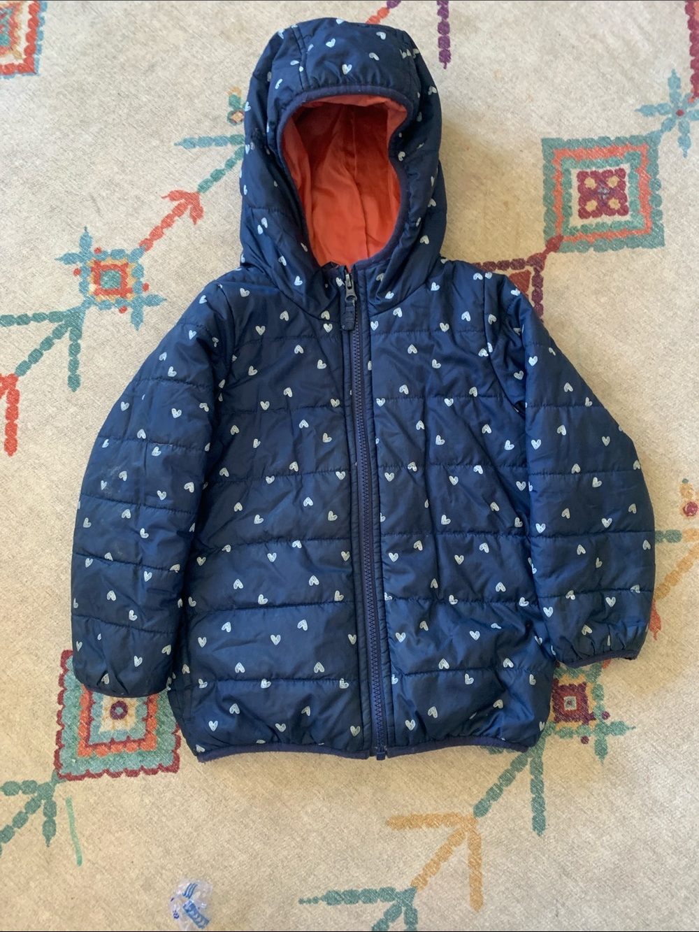 Kids Navy Heart-Print Puffer Jacket with Hood